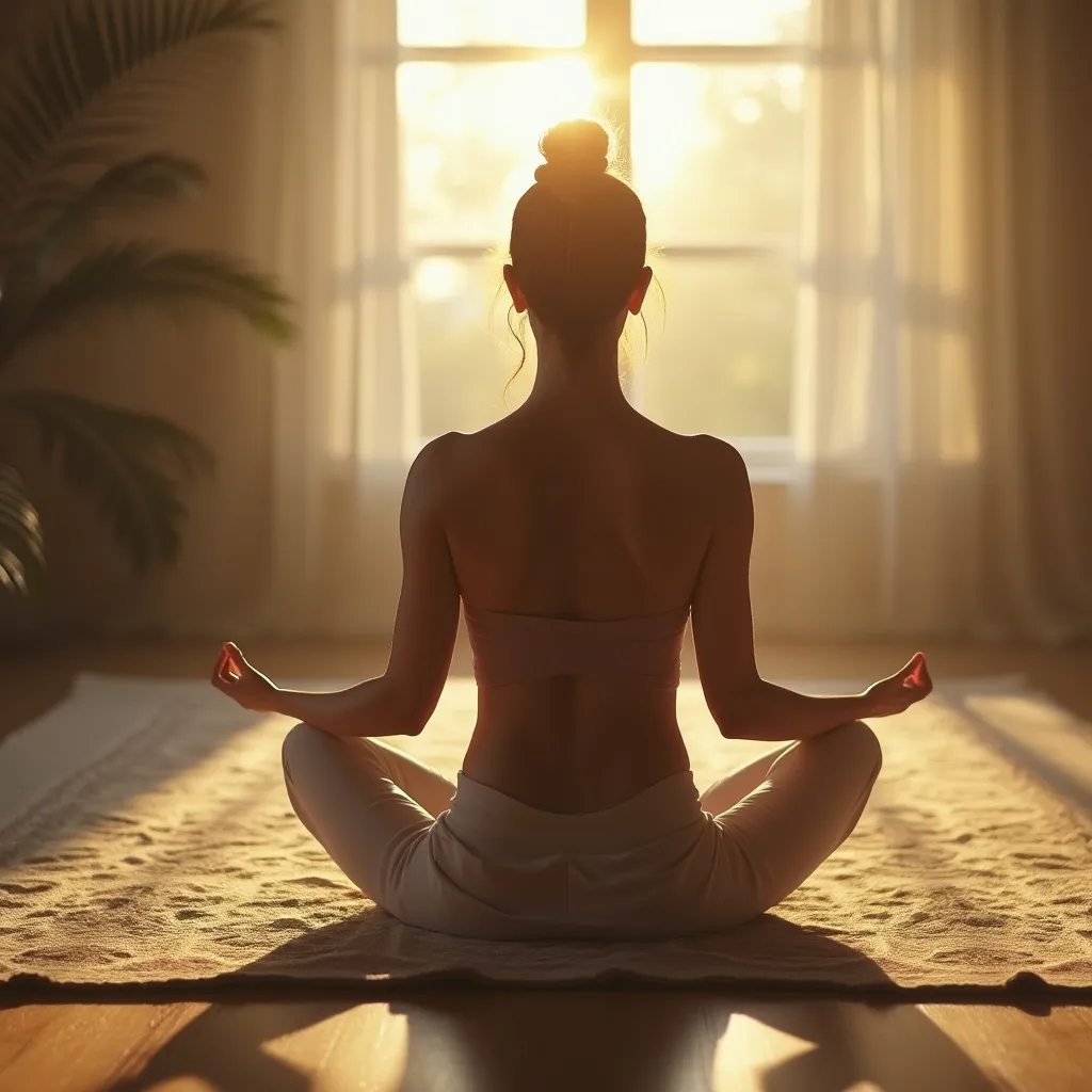 Meditace v obývacím pokoji při ranním slunci