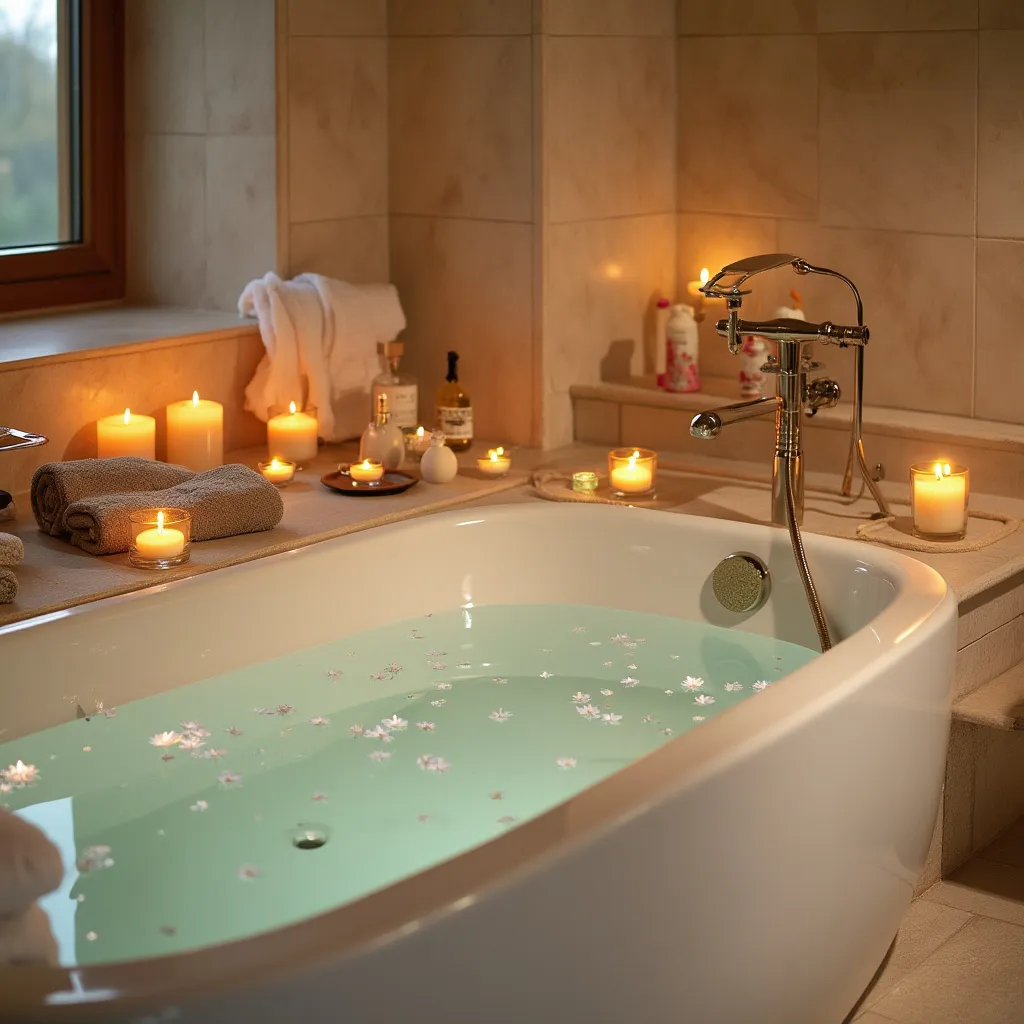 Domácí wellness, koupel ve vaně se svíčkami